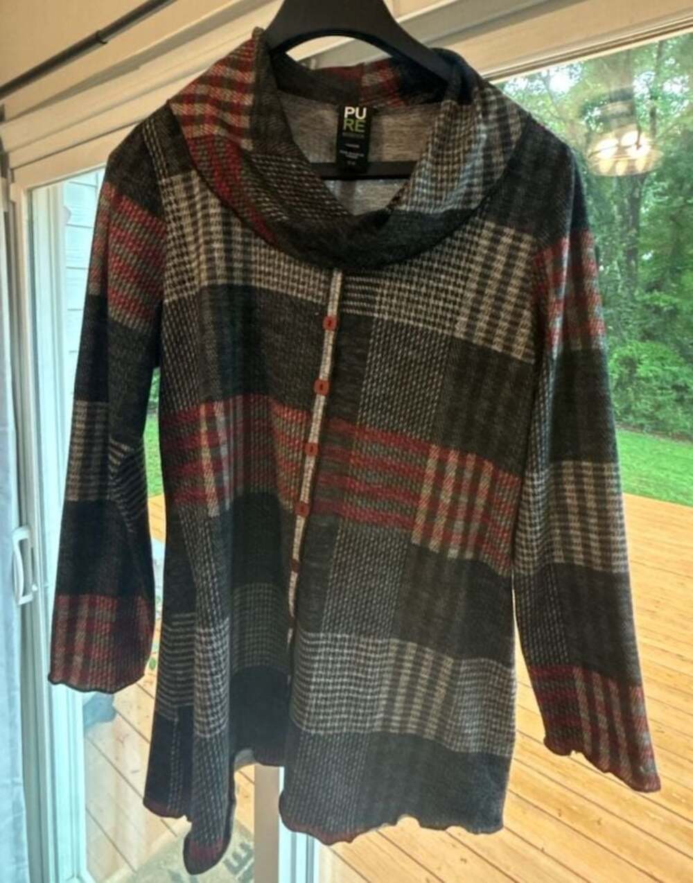 Pure Essence Women's Plaid Patchwork Cowl Neck Tunic Top